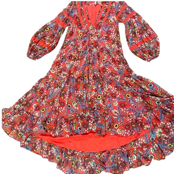 Free People Cassis Printed Chiffon Midi Dress Sz XS Floral Lattice Puff Sleeve - Picture 4 of 6